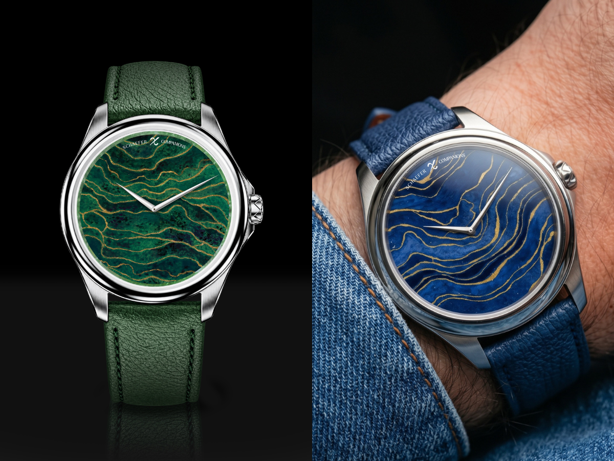 Zwei Uhren mit Stahlgehäuse und goldgeäderten Zifferblättern: links grün mit grünem Lederband, rechts blau am Handgelenk im Jeanshemd